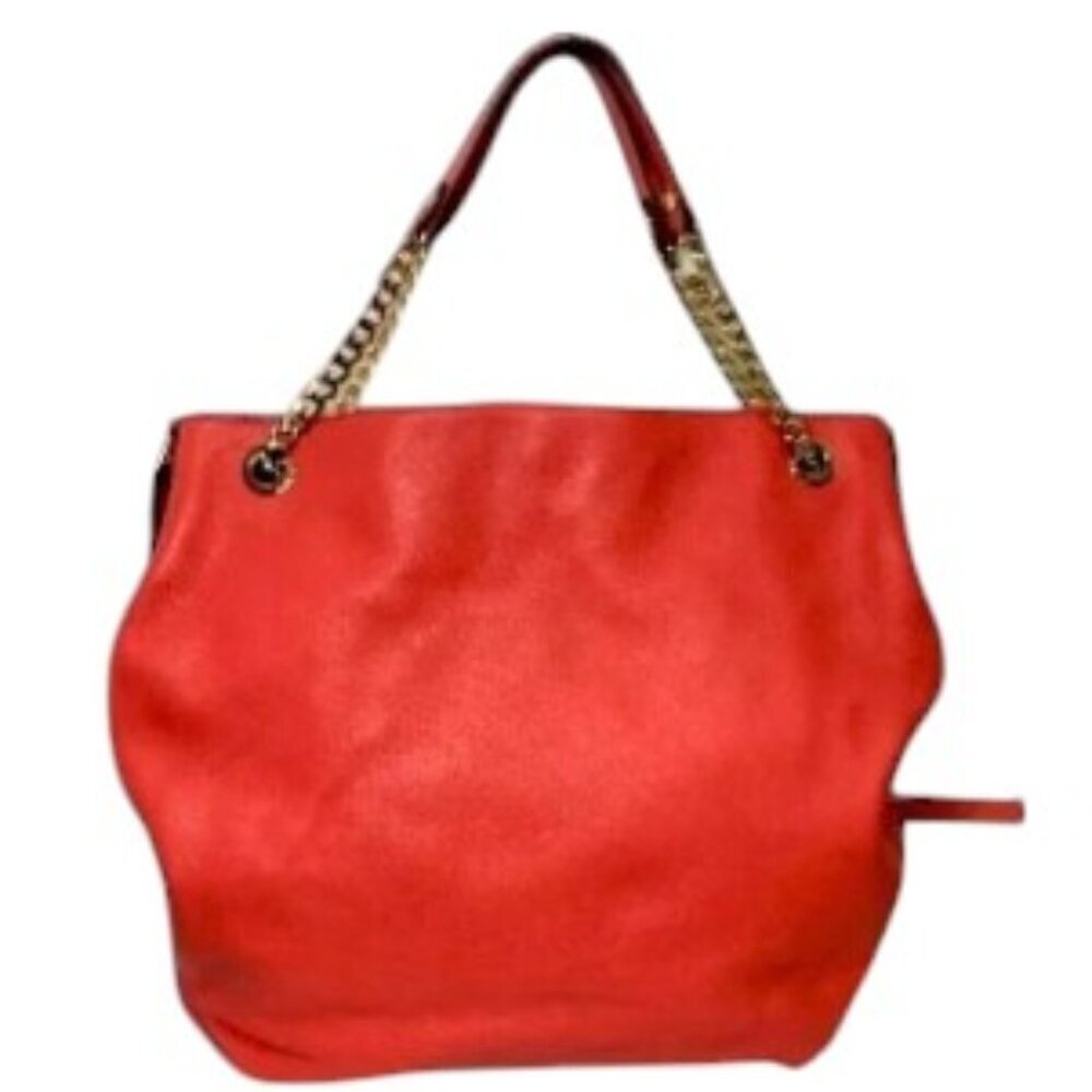 Michael Kors Red Pebbled Leather Oversized Shoulder Bag With Gold Chain Strap
